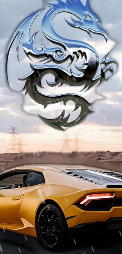 Yellow sports car under dragon emblem in desert.