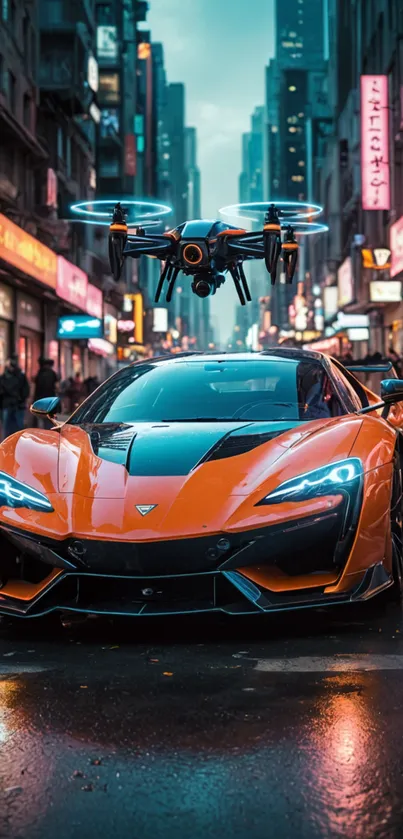 Futuristic car and drone in a vibrant city street at night.