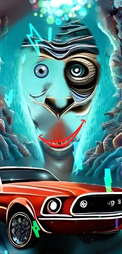Futuristic car and abstract face art wallpaper.