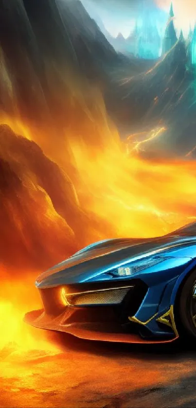 Futuristic car in a fiery orange fantasy landscape with glowing blue details.