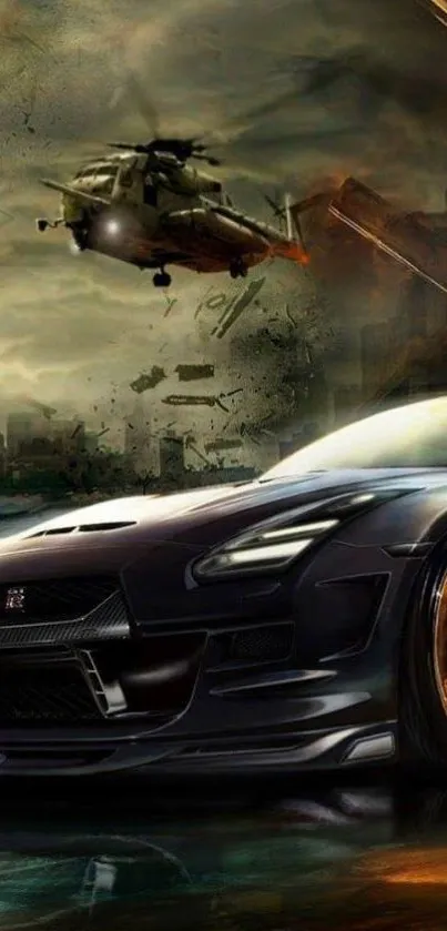 Futuristic car with a helicopter in a dramatic urban backdrop.