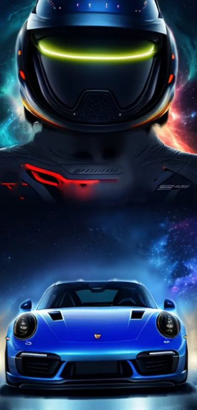 Futuristic helmet and car with electric blue glow.