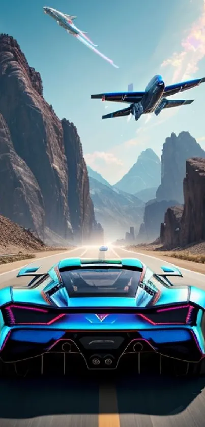 Futuristic car with jets flying over a desert highway under a blue sky.