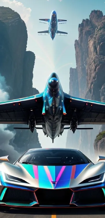 Futuristic car and jets soaring over cliffs, vibrant mobile wallpaper.