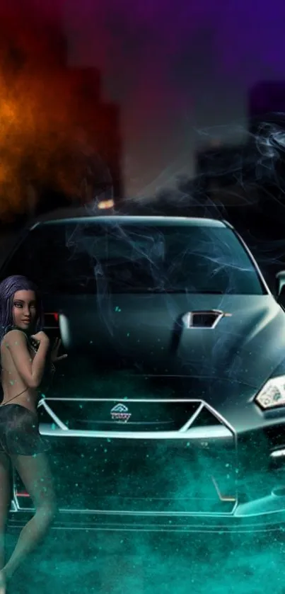 Futuristic car with model and vibrant smoke.