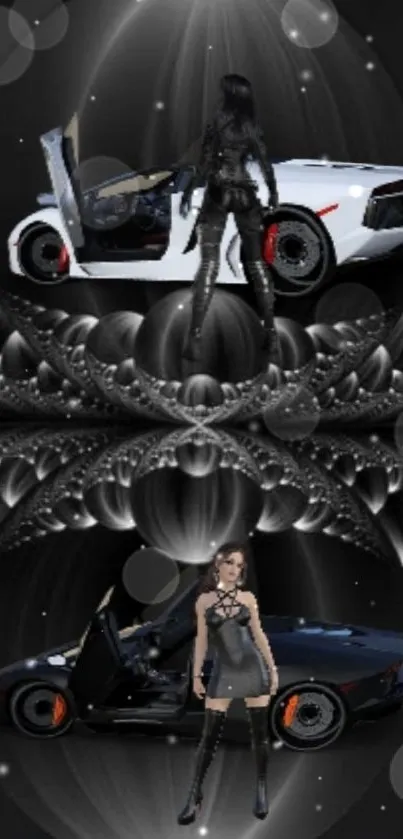 Futuristic cars with models in a dynamic monochrome wallpaper.