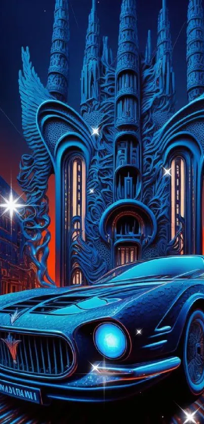 Futuristic car parked before neon gothic architecture.