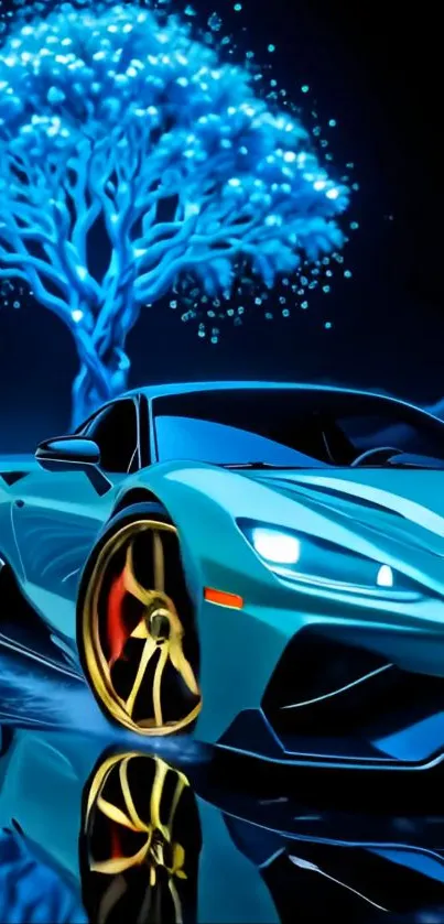 Futuristic car under a neon-lit tree with reflections.