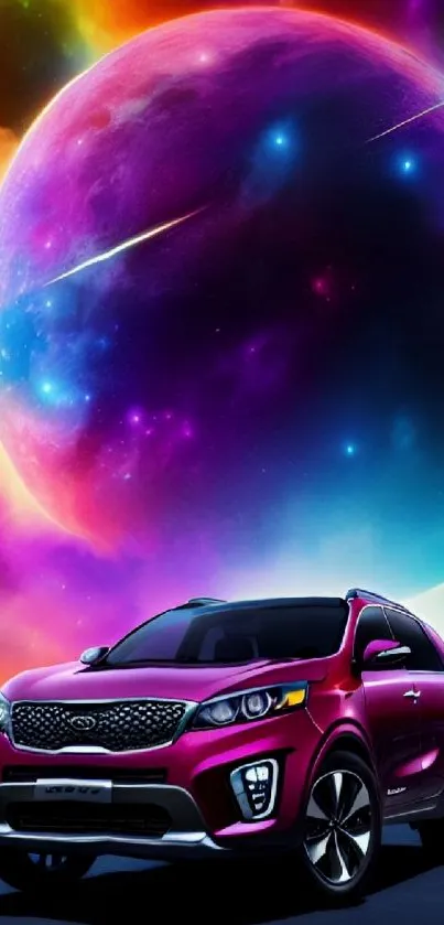 Futuristic car with a vibrant cosmic planet in the background, in vivid colors.