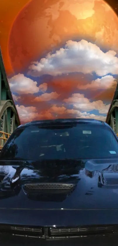 Futuristic car under a glowing orange planet with clouds.