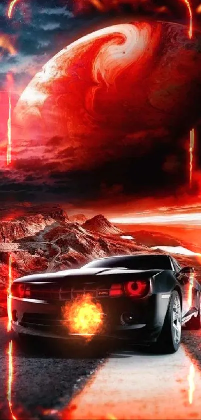 Sleek car on a road with a red planet in the background.