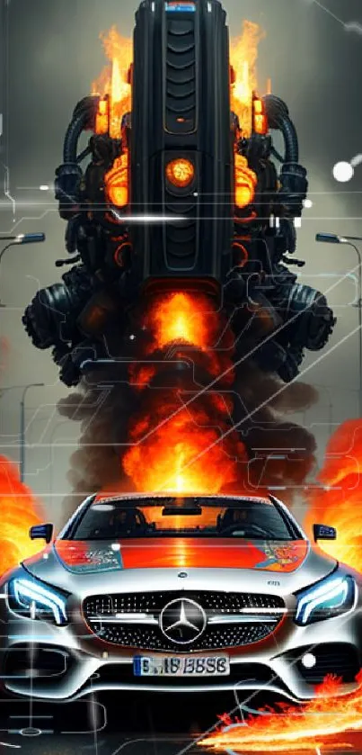 Futuristic car racing with a towering robot and fiery explosions in a vibrant wallpaper.