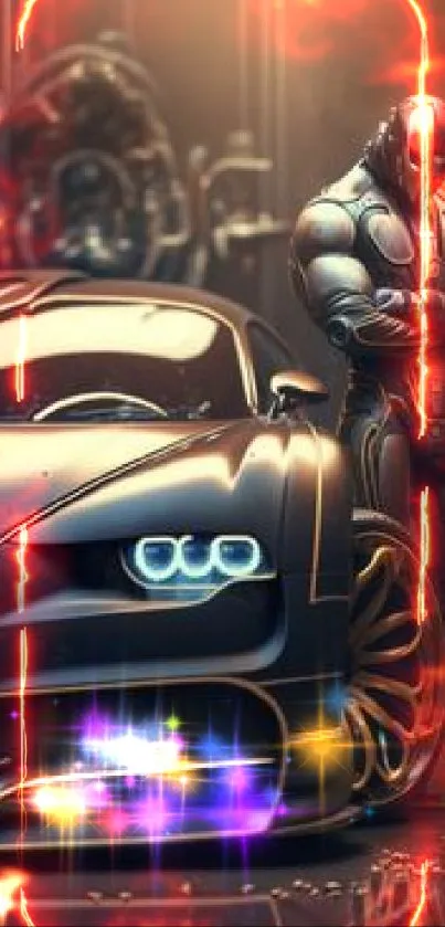 Futuristic car with a robot in a high-tech sci-fi setting mobile wallpaper.