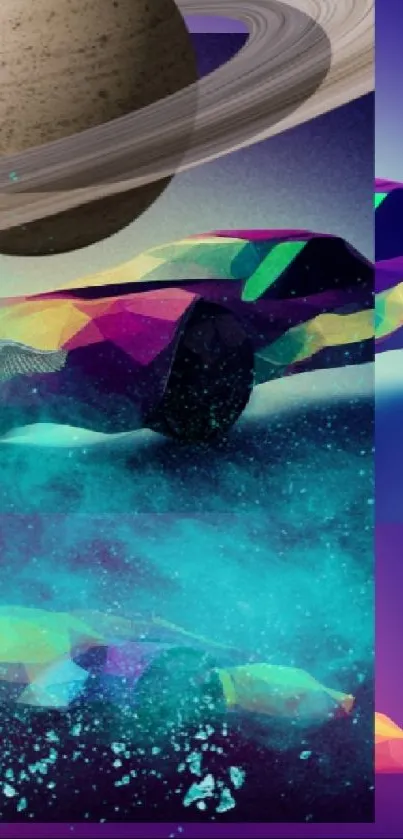 Futuristic car and Saturn in cosmic space, vibrant design.