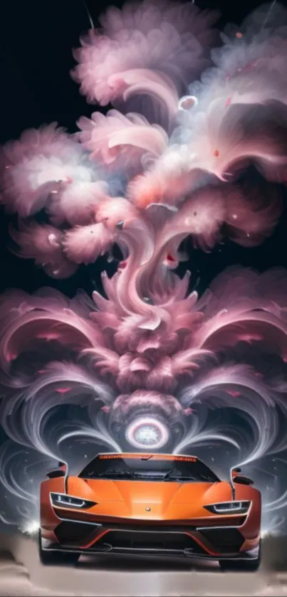 Futuristic car with swirling pink smoke art in a mobile wallpaper design.