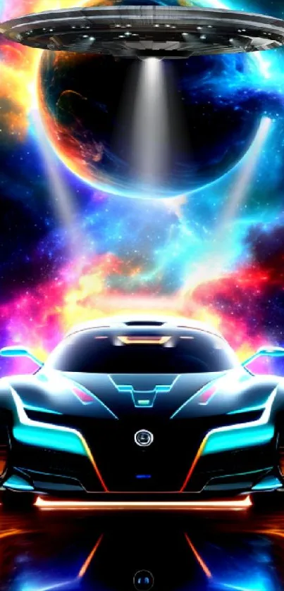 Futuristic car with UFO and colorful cosmic background.