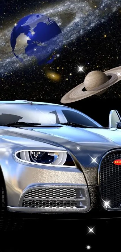 Futuristic silver car with space background featuring Earth and Saturn.