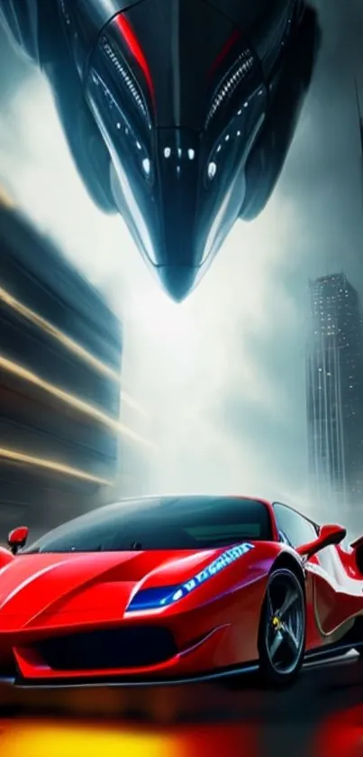 Red sports car with futuristic spaceship over city.