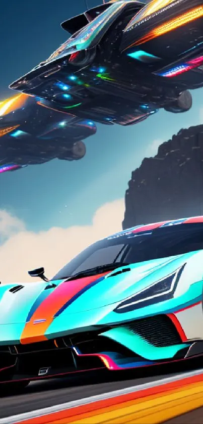 Futuristic race car and spaceship art in vibrant colors.