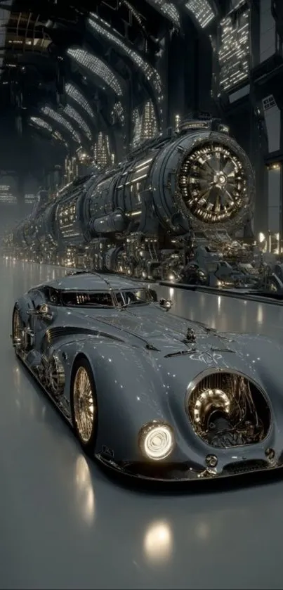 Futuristic car and train in high-tech urban setting.
