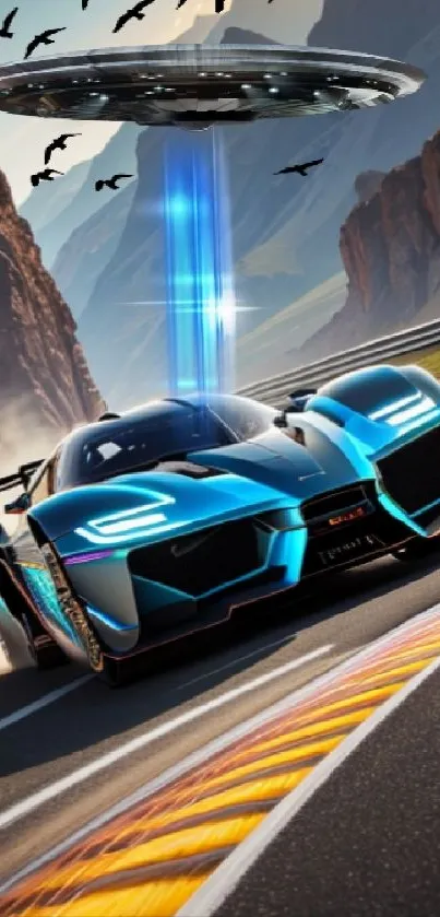 Futuristic car racing under a UFO with blue highlights.