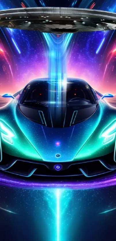 Futuristic neon car with UFO hovering above, set against a vibrant cosmic background.