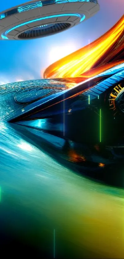 Futuristic car and UFO wallpaper with dynamic blue and orange hues.