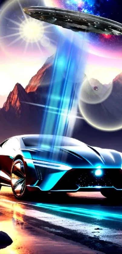 Futuristic car and UFO in a colorful sci-fi landscape.