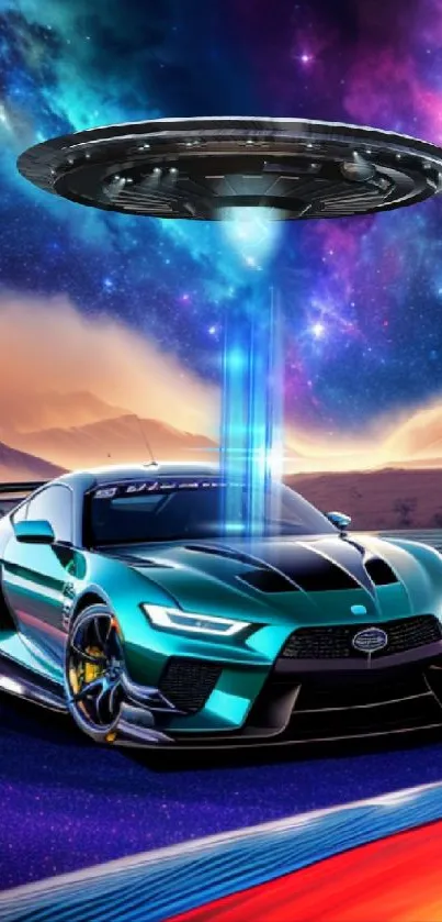 Futuristic car with UFO and cosmic sky, vibrant mobile wallpaper.