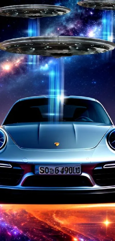 Sleek sports car under UFOs in a galaxy background wallpaper.