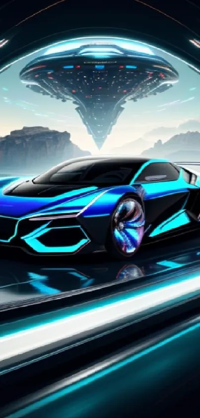 Futuristic blue car with UFO hovering above in a sci-fi setting.