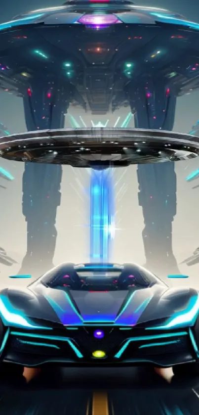 Futuristic car with hovering UFO and neon blue accents.