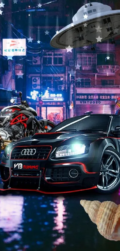 Futuristic car and UFO in a vivid urban night setting.