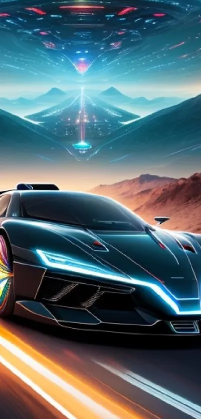 Futuristic car races under a hovering UFO.