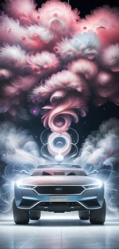 Futuristic car with artistic smoke clouds in a digital setting.