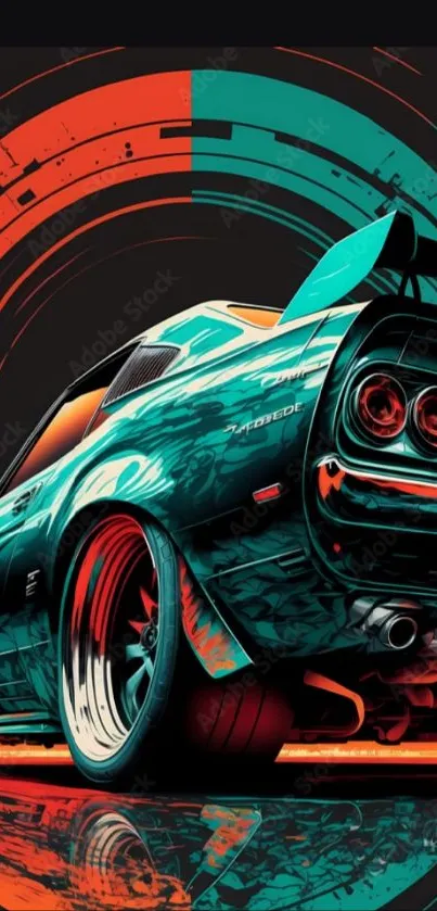 Futuristic car art wallpaper with bold turquoise and orange hues.