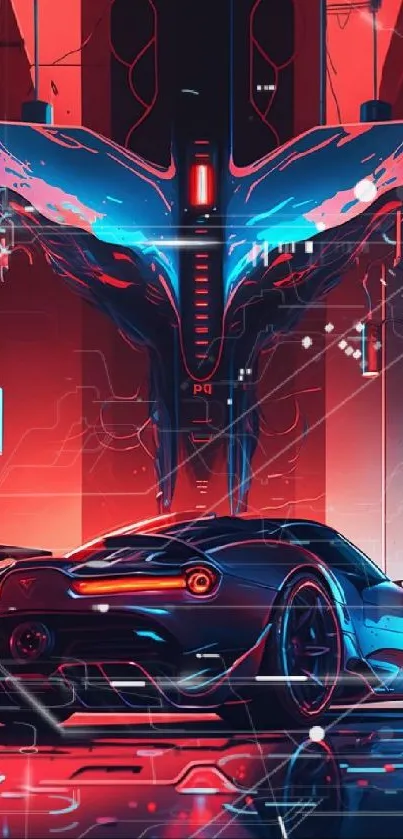 Futuristic car with neon lights and digital art in vibrant colors.