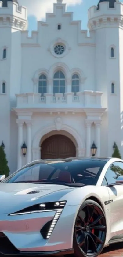 Futuristic car parked in front of an elegant white mansion.