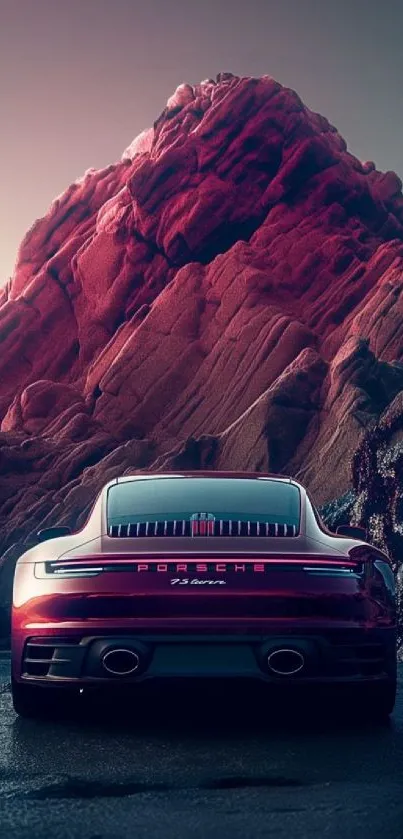 Futuristic car with red mountain backdrop at sunset.