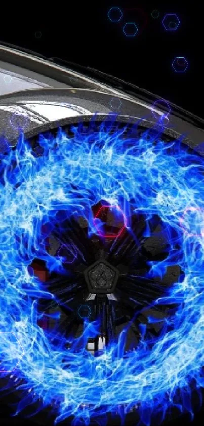 Futuristic car with vivid blue flame design on tire.