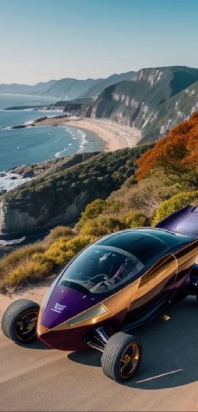 Futuristic car on a scenic coastal roadway with stunning ocean and cliff backdrop.