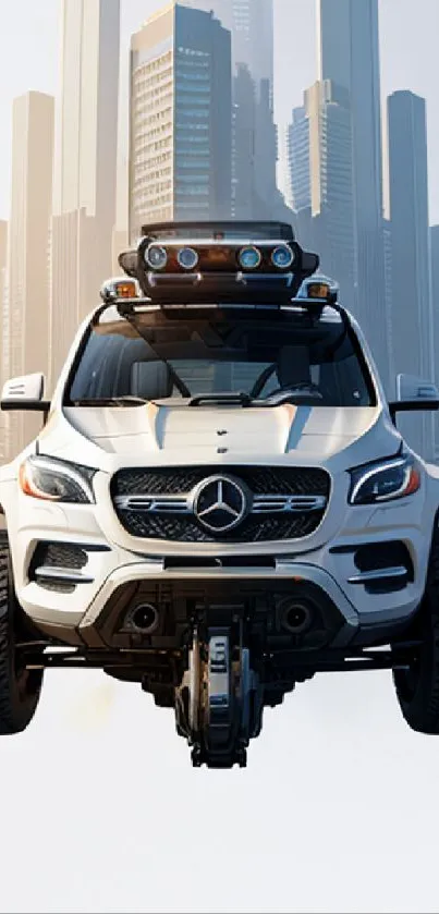 Rugged white SUV with city skyscrapers in the background.