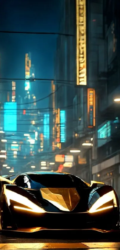 Futuristic car with neon lights in a vibrant urban cityscape at night.