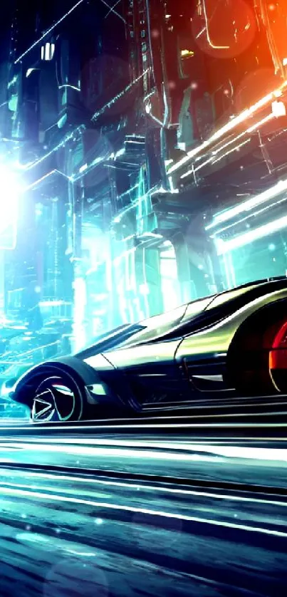 Futuristic car in neon-lit cityscape, vibrant blue tones.