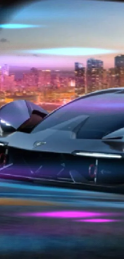 Futuristic car in a cityscape at sunset, showcasing sleek design and speed.