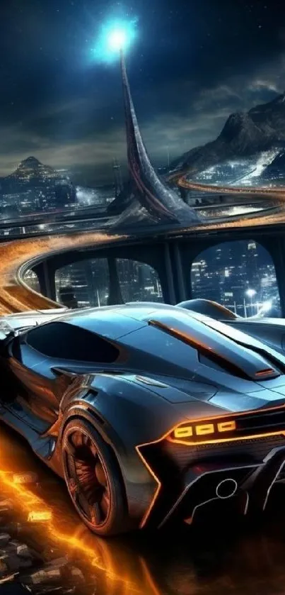 Futuristic car on neon-lit city highway.