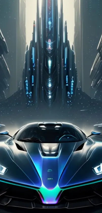 Futuristic car in a sci-fi cityscape with neon lights.