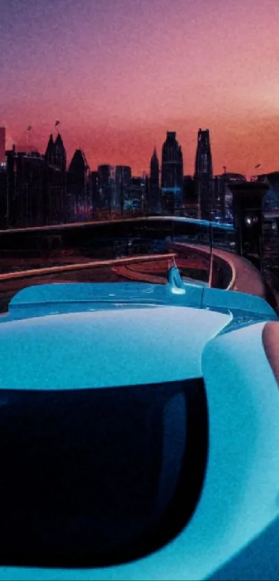 Futuristic blue car in neon cityscape at sunset.