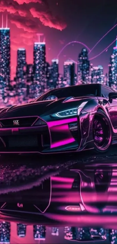 Futuristic car in neon-lit cityscape with reflection on wet road.