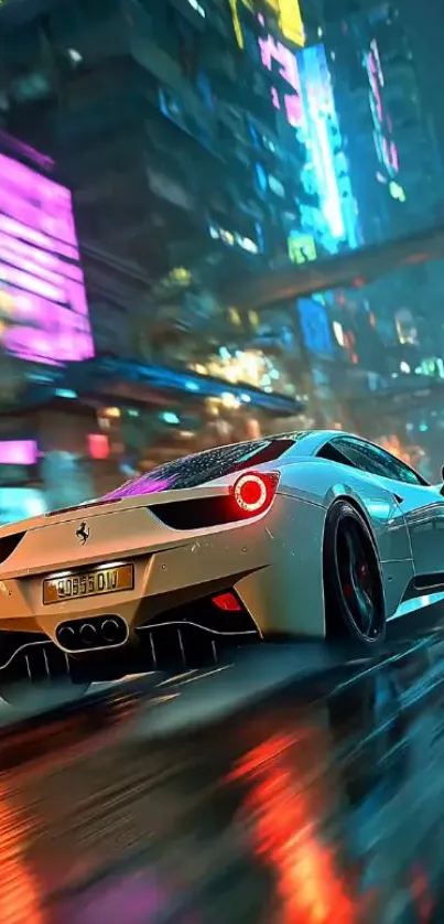 Futuristic sports car in neon cityscape at night.